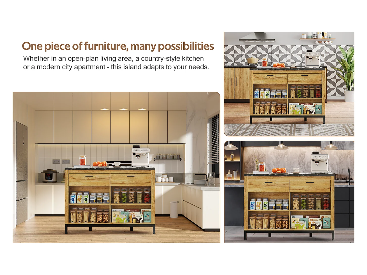 Îlot central style campagnard structure en métal - 120 x 75 x 90 cm - avec 2 tiroirs + 4 étagères - MDF - naturel