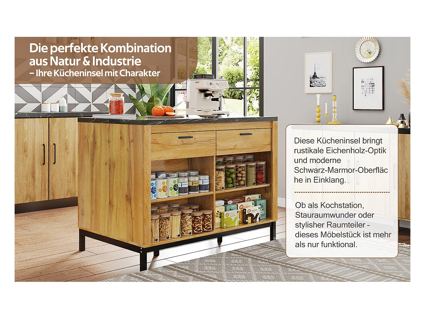 Îlot central style campagnard structure en métal - 120 x 75 x 90 cm - avec 2 tiroirs + 4 étagères - MDF - naturel