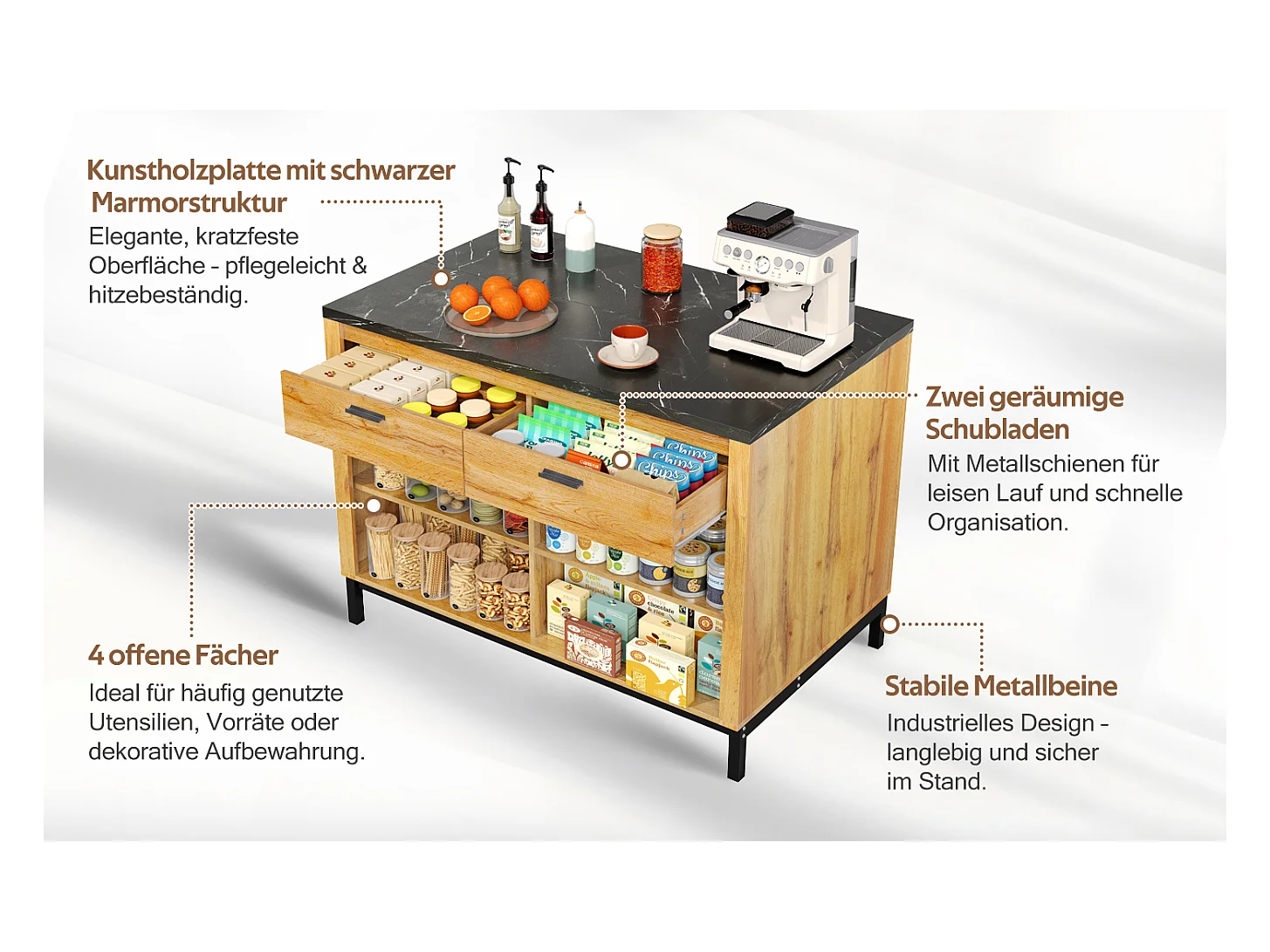 Îlot central style campagnard structure en métal - 120 x 75 x 90 cm - avec 2 tiroirs + 4 étagères - MDF - naturel
