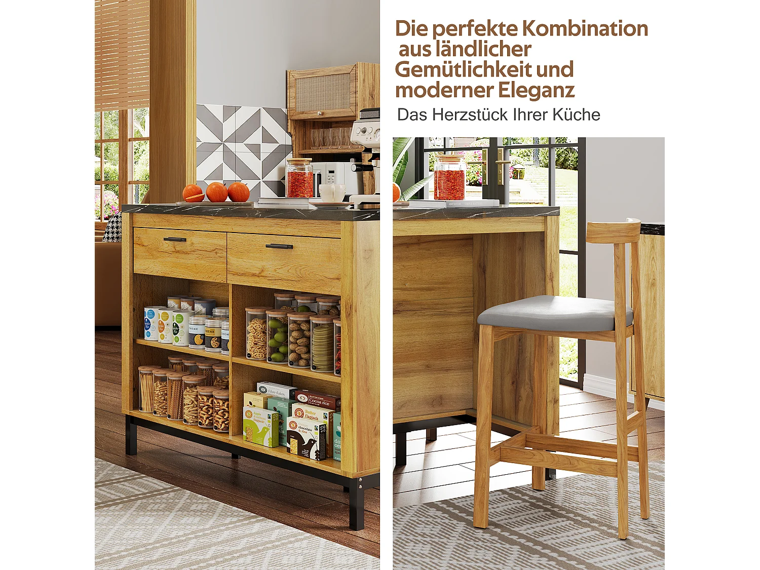 Îlot central style campagnard structure en métal - 120 x 75 x 90 cm - avec 2 tiroirs + 4 étagères - MDF - naturel