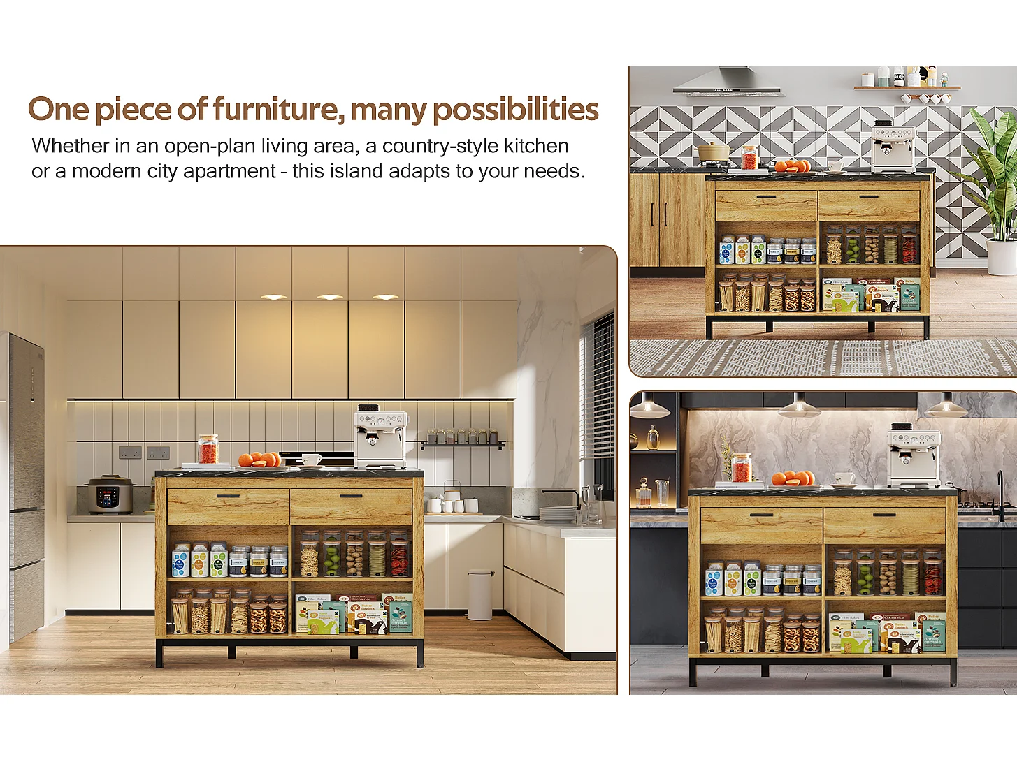 Îlot central style campagnard structure en métal - 120 x 75 x 90 cm - avec 2 tiroirs + 4 étagères - MDF - naturel