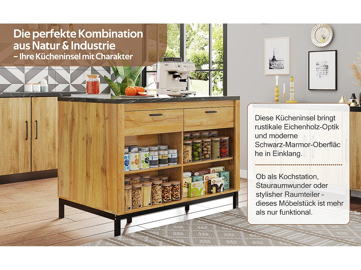 Îlot central style campagnard structure en métal - 120 x 75 x 90 cm - avec 2 tiroirs + 4 étagères - MDF - naturel