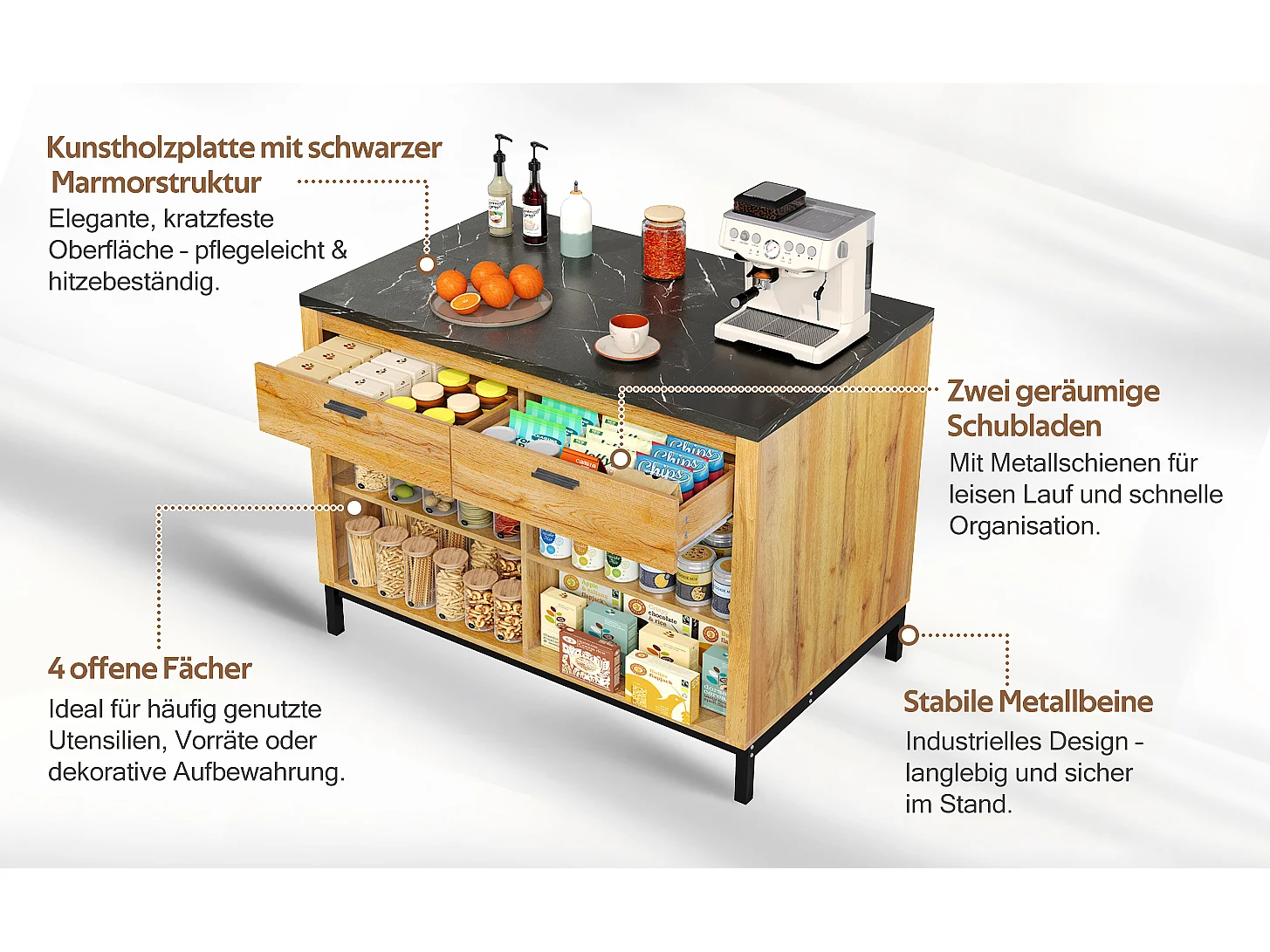 Îlot central style campagnard structure en métal - 120 x 75 x 90 cm - avec 2 tiroirs + 4 étagères - MDF - naturel