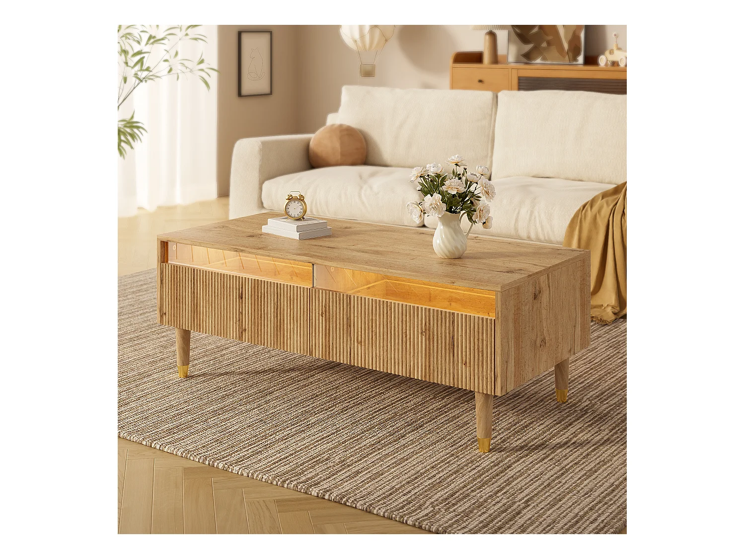 Moderner Couchtisch - 110 x 50 x 40 cm - mit 2 Schubladen + LEDs - MDF - Natur
