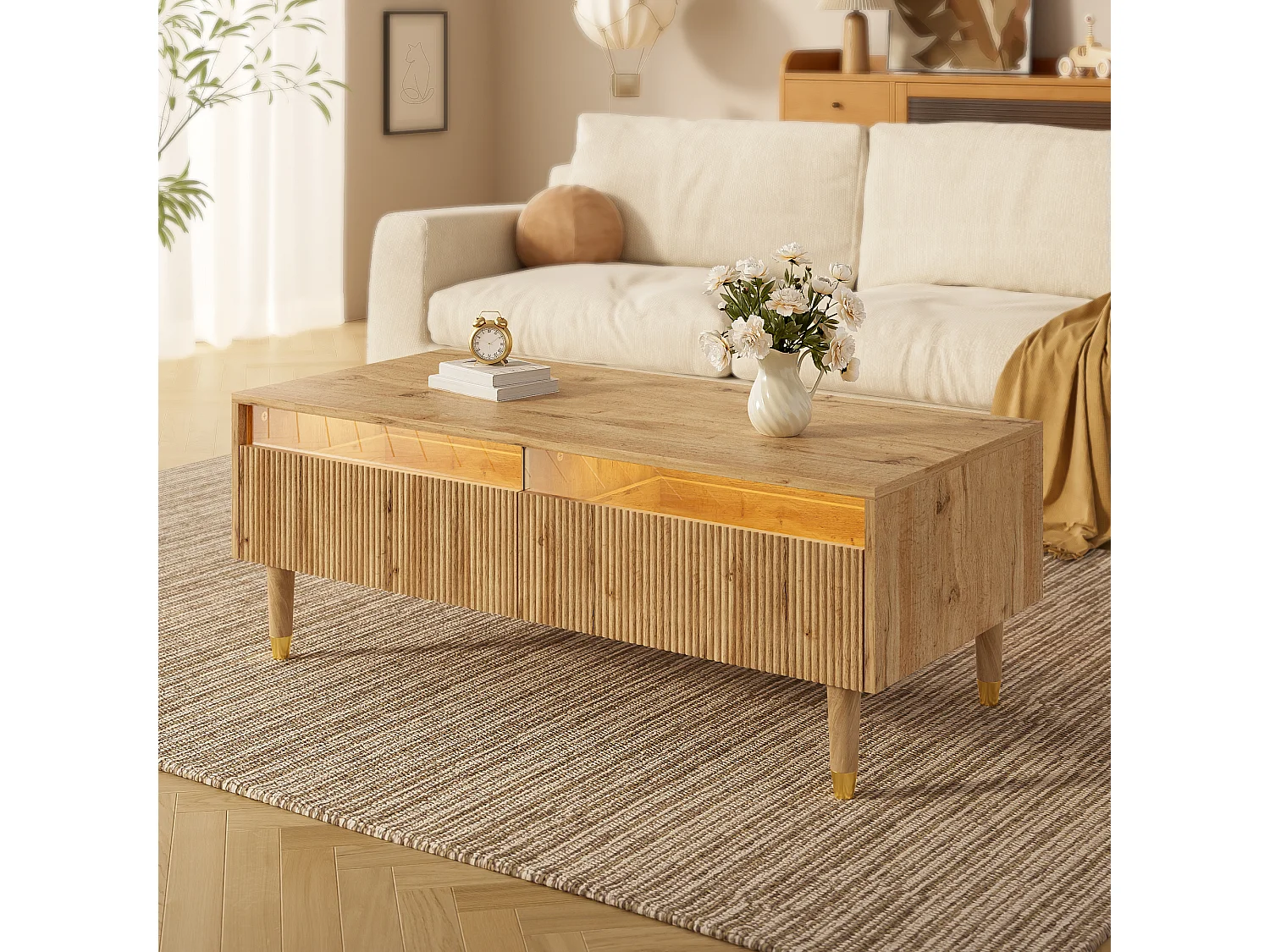 Mesa de centro moderna - 110 x 50 x 40 cm - con 2 cajones + LED - MDF - natural