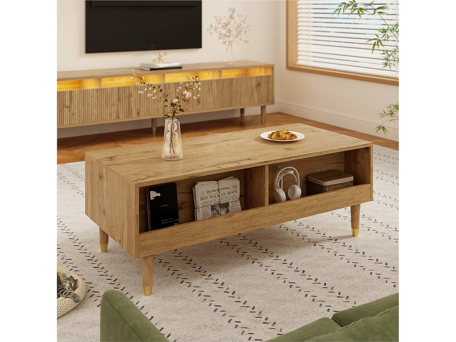 Mesa de centro moderna - 110 x 50 x 40 cm - con 2 cajones + LED - MDF - natural