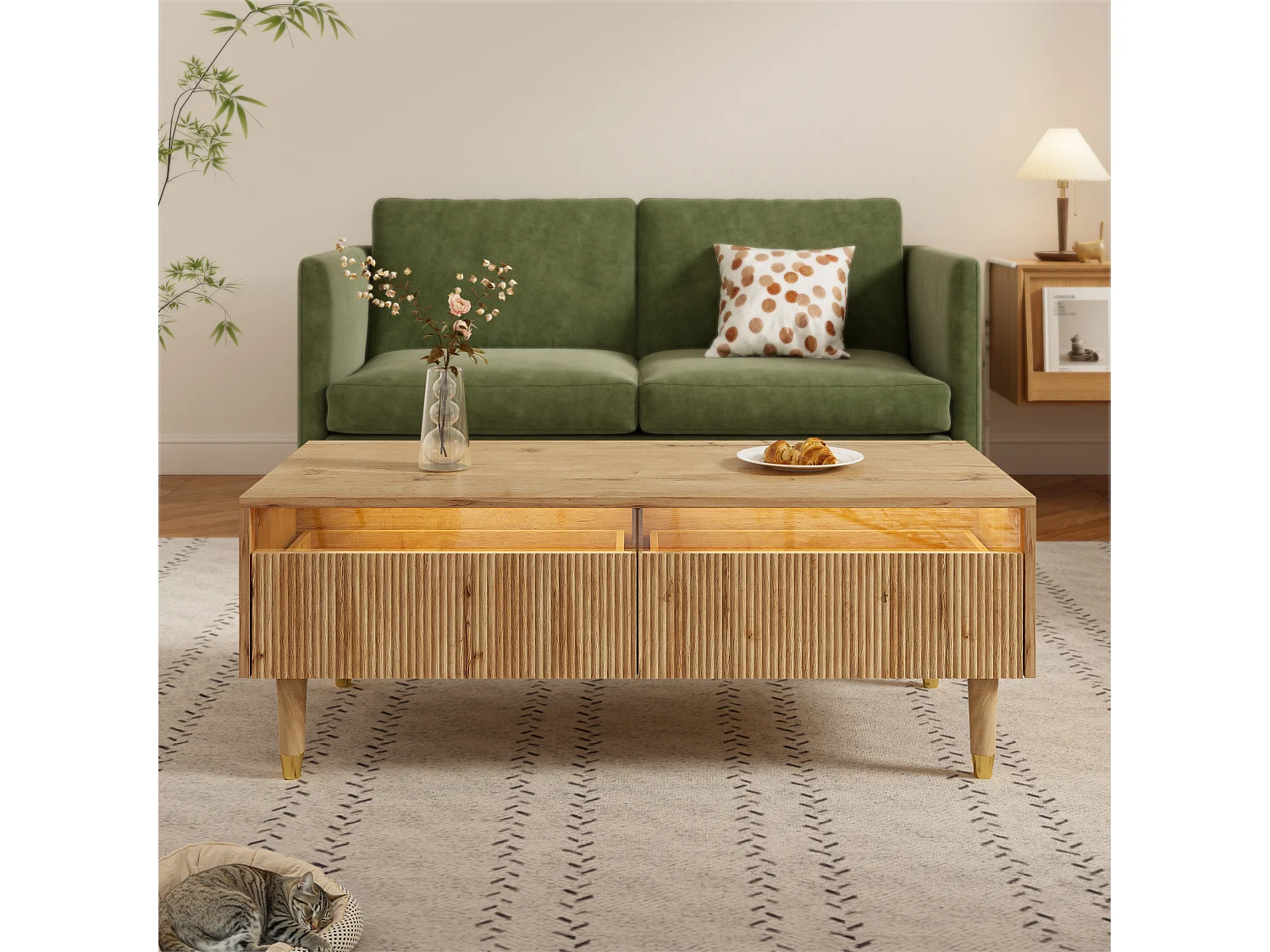 Mesa de centro moderna - 110 x 50 x 40 cm - con 2 cajones + LED - MDF - natural