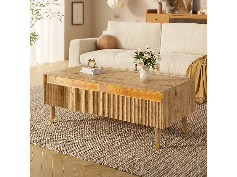 Mesa de centro moderna - 110 x 50 x 40 cm - con 2 cajones + LED - MDF - natural