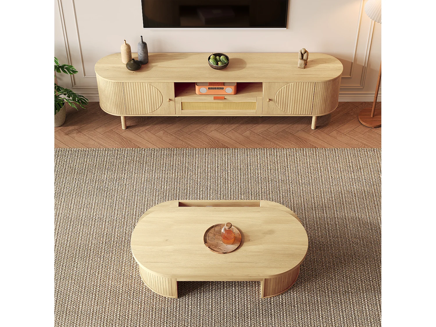 Ensemble de meuble TV + table basse réglable - design moderne - avec tiroirs + portes - MDF - naturel