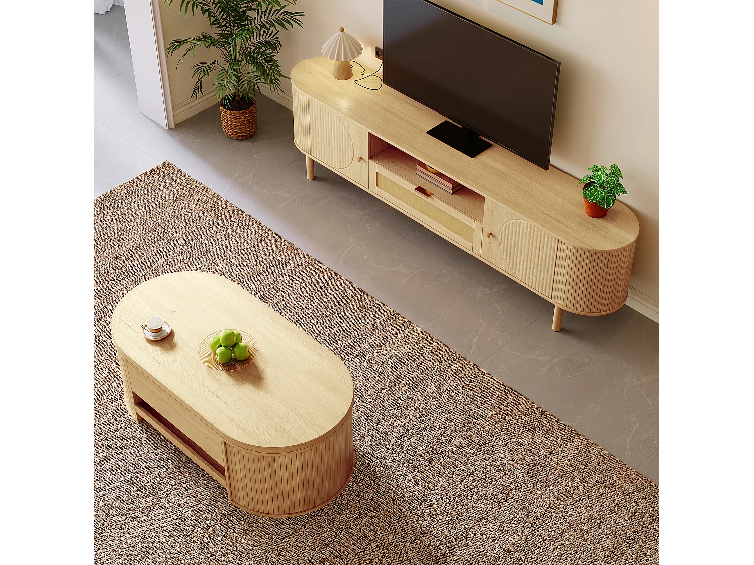Ensemble de meuble TV + table basse réglable - design moderne - avec tiroirs + portes - MDF - naturel