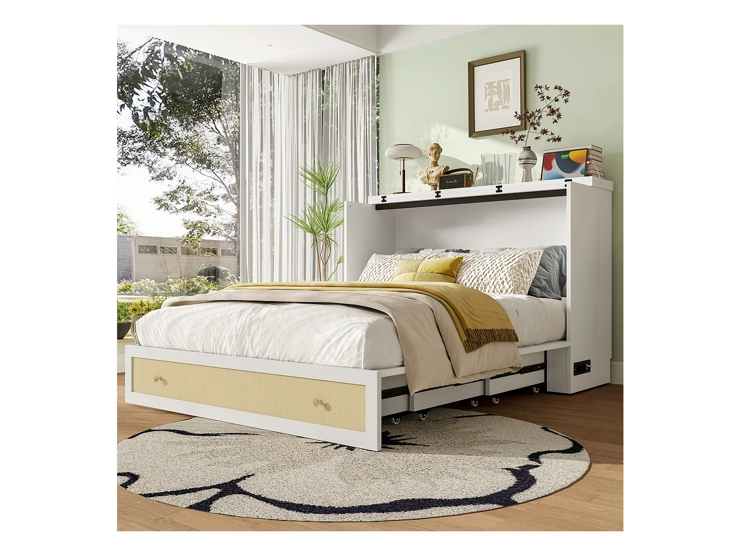 Lit escamotable mobile - 140 x 200 cm -  avec 6 tiroirs + étagère en tête de lit + USB - MDF - blanc