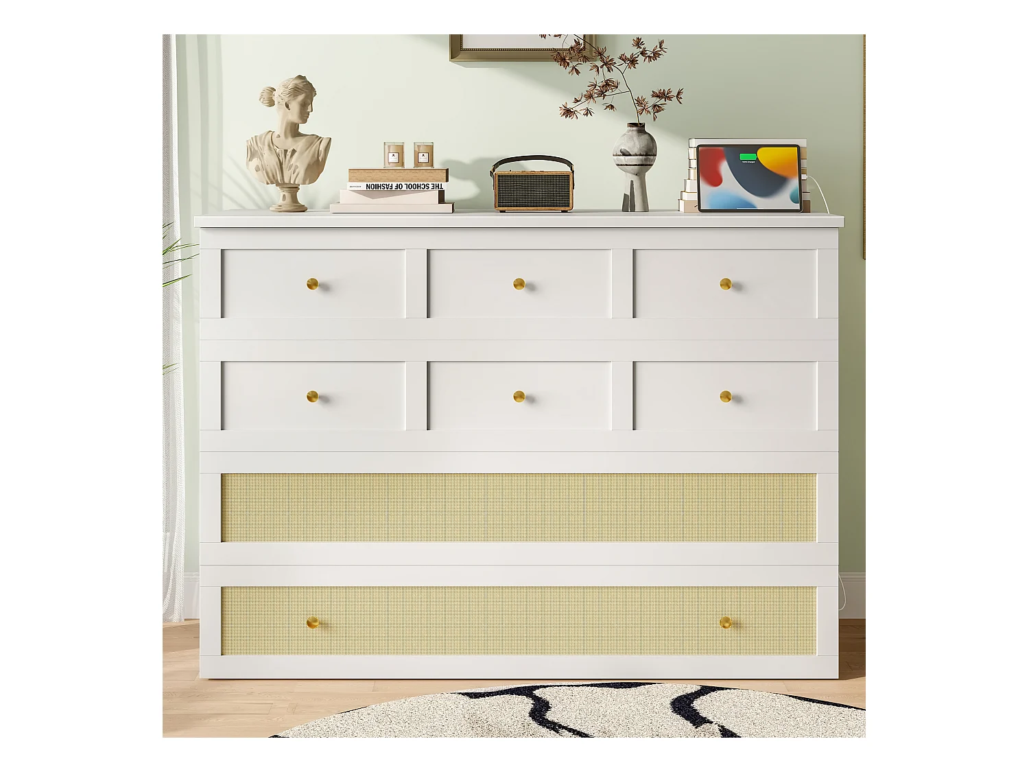 Lit escamotable mobile - 140 x 200 cm -  avec 6 tiroirs + étagère en tête de lit + USB - MDF - blanc