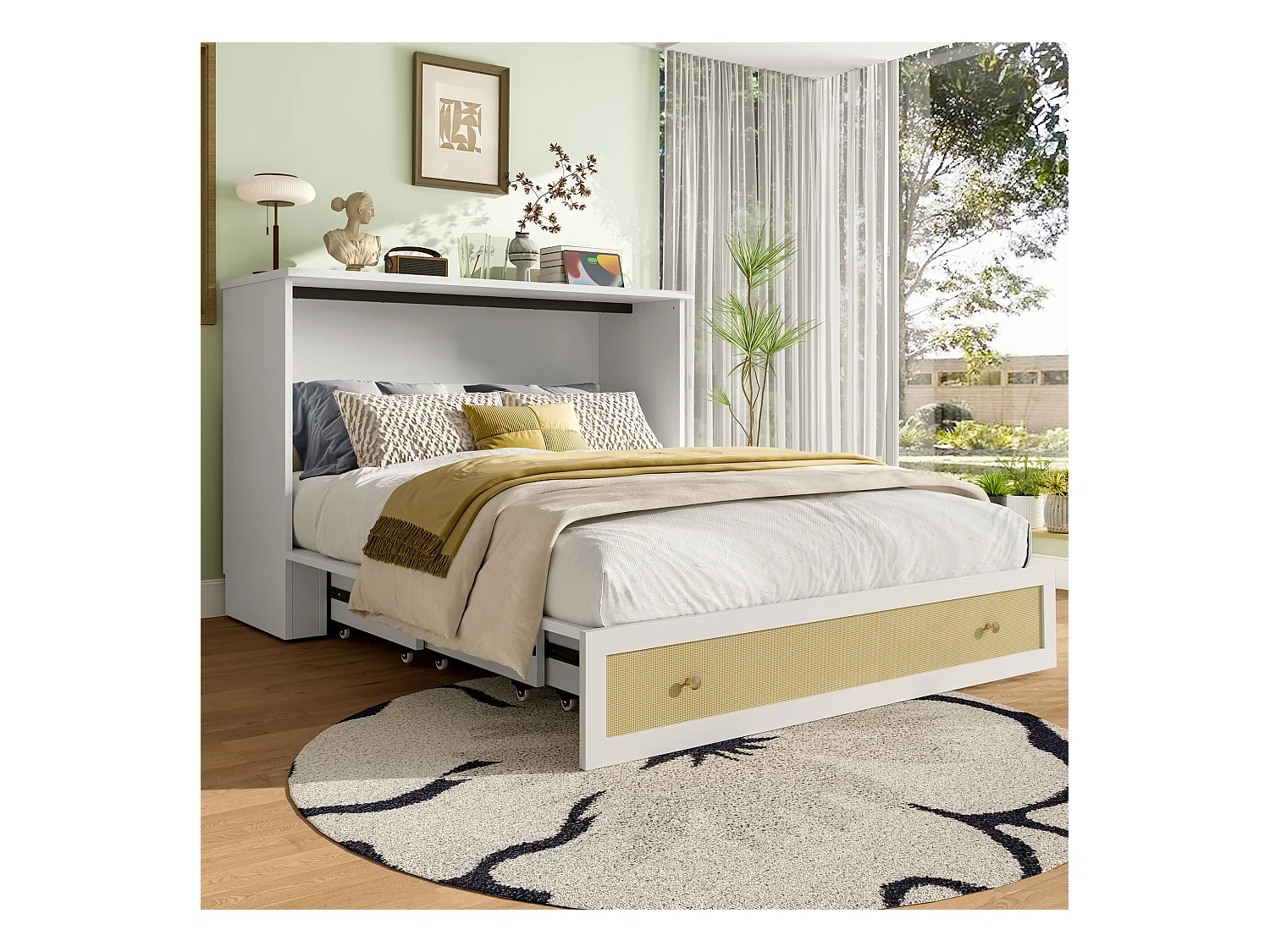 Lit escamotable mobile - 140 x 200 cm -  avec 6 tiroirs + étagère en tête de lit + USB - MDF - blanc