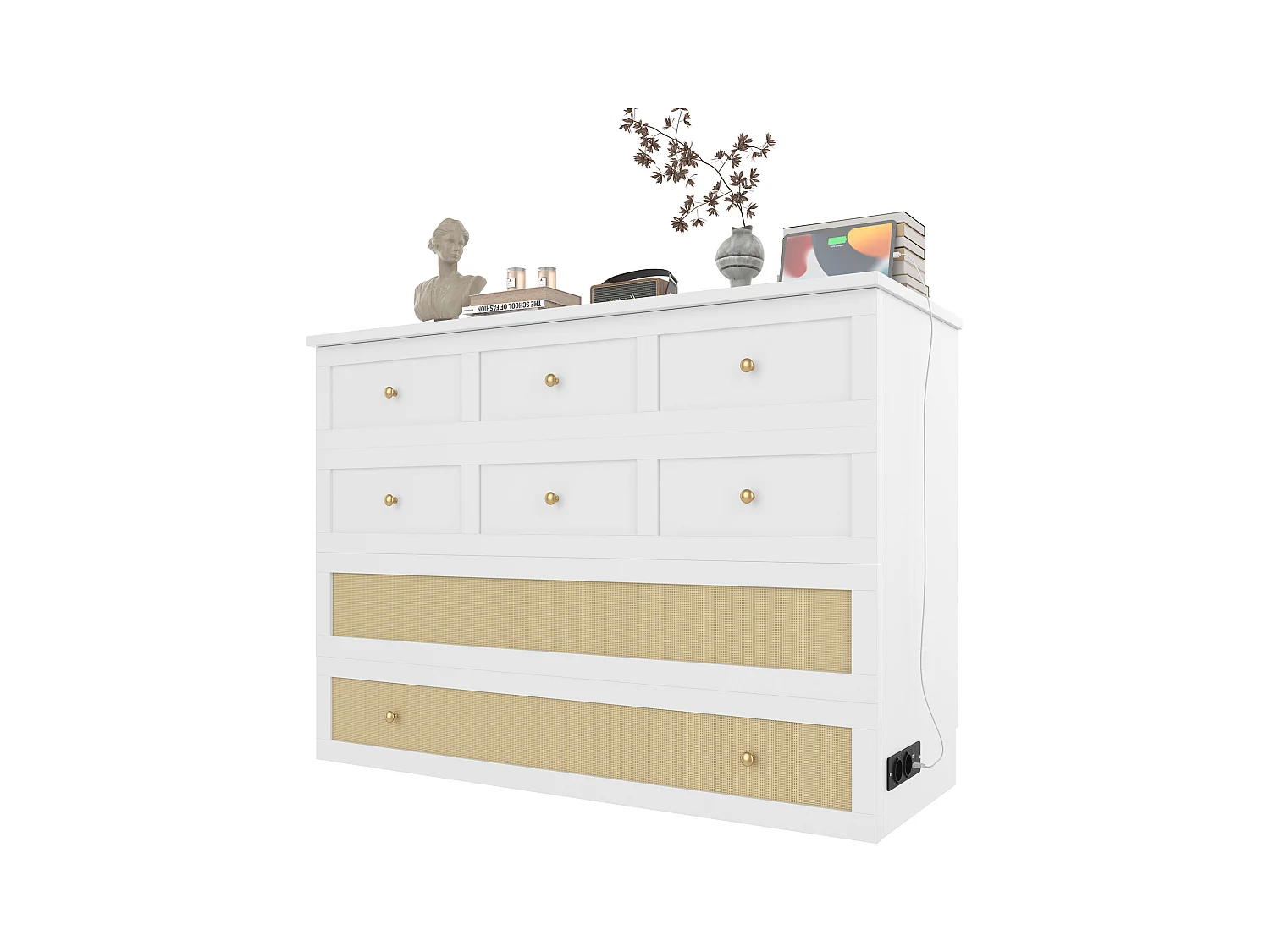 Lit escamotable mobile - 140 x 200 cm -  avec 6 tiroirs + étagère en tête de lit + USB - MDF - blanc