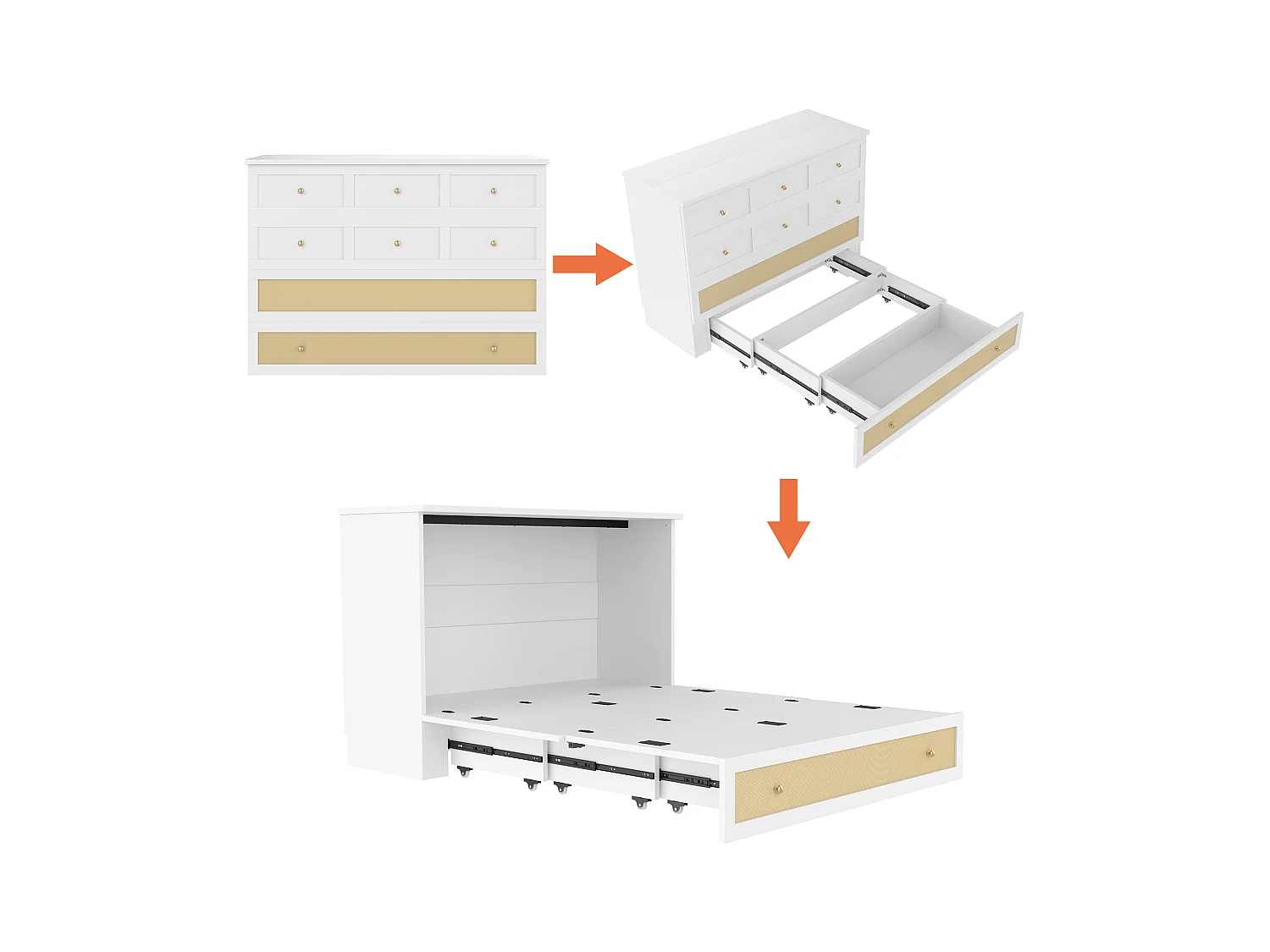 Lit escamotable mobile - 140 x 200 cm -  avec 6 tiroirs + étagère en tête de lit + USB - MDF - blanc