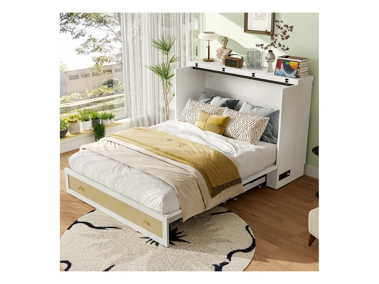 Lit escamotable mobile - 140 x 200 cm -  avec 6 tiroirs + étagère en tête de lit + USB - MDF - blanc