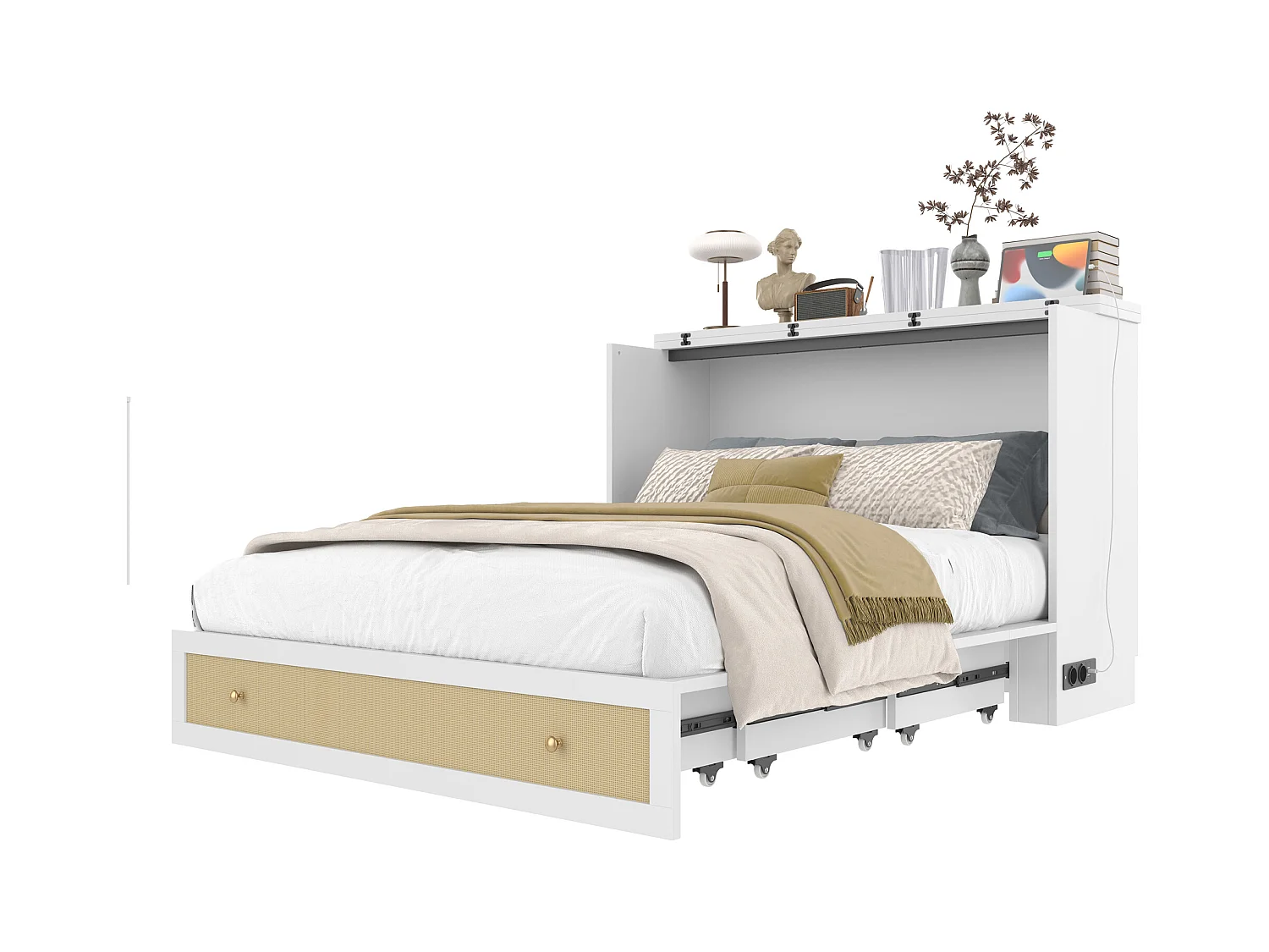 Lit escamotable mobile - 140 x 200 cm -  avec 6 tiroirs + étagère en tête de lit + USB - MDF - blanc