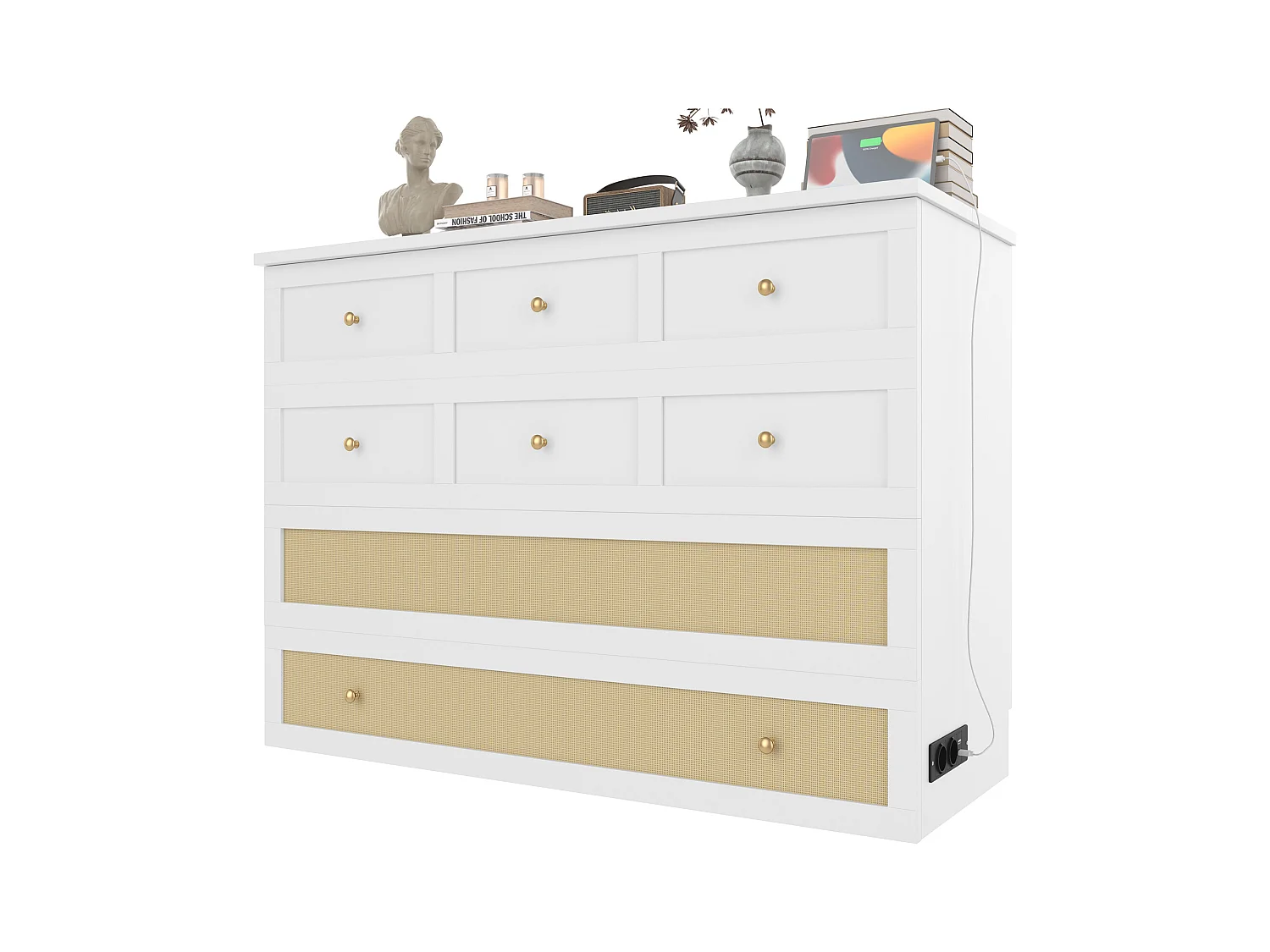 Lit escamotable mobile - 140 x 200 cm -  avec 6 tiroirs + étagère en tête de lit + USB - MDF - blanc