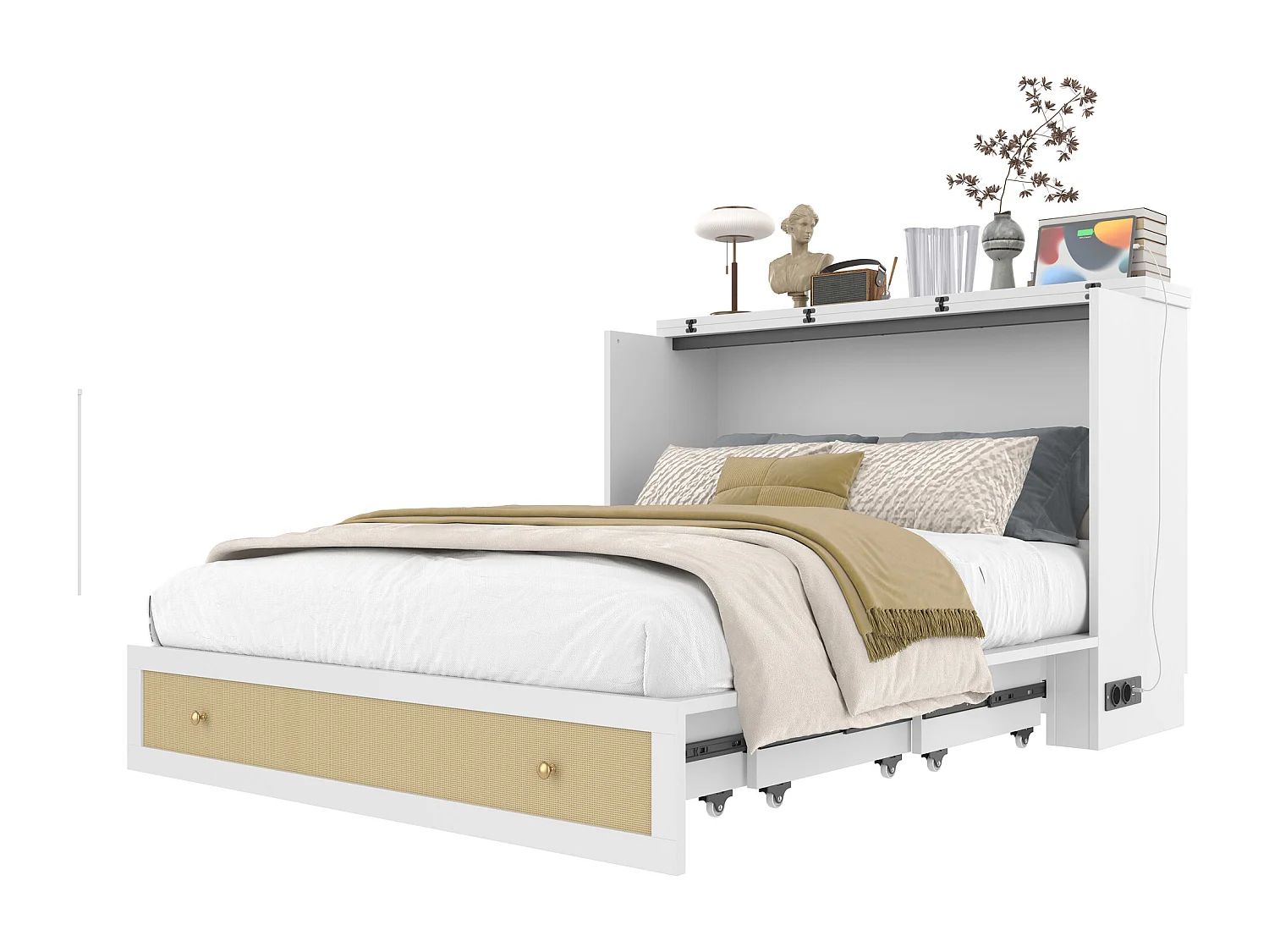 Lit escamotable mobile - 140 x 200 cm -  avec 6 tiroirs + étagère en tête de lit + USB - MDF - blanc