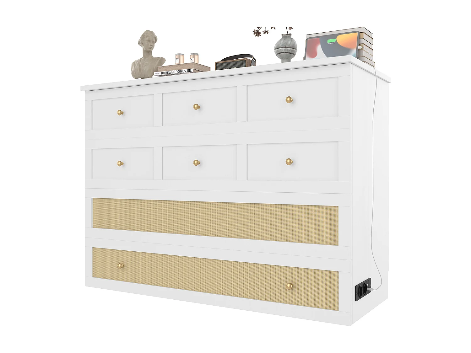 Lit escamotable mobile - 140 x 200 cm -  avec 6 tiroirs + étagère en tête de lit + USB - MDF - blanc