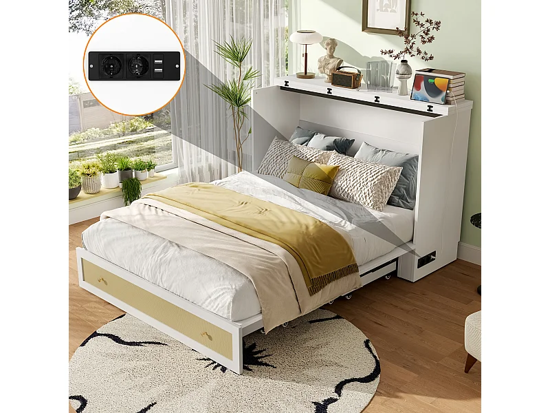 Mobiles Schrankbett – 140 x 200 cm – mit 6 Schubladen + Kopfteilregal + USB – MDF – weiß