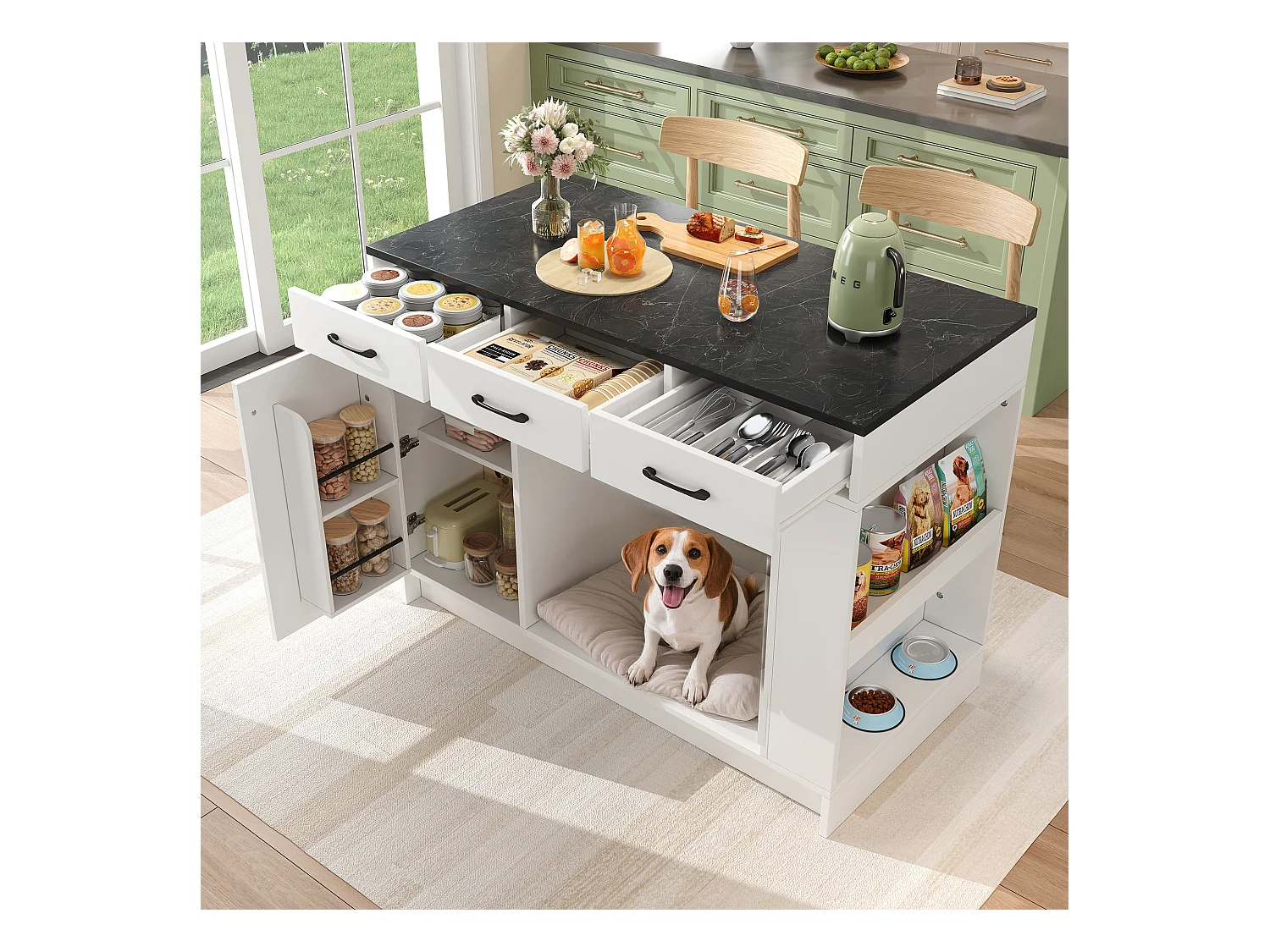 Îlot central cuisine - 120 x 60 x 90 cm - avec 3 tiroirs + 1 porte + espace pour animaux - MDF - blanc