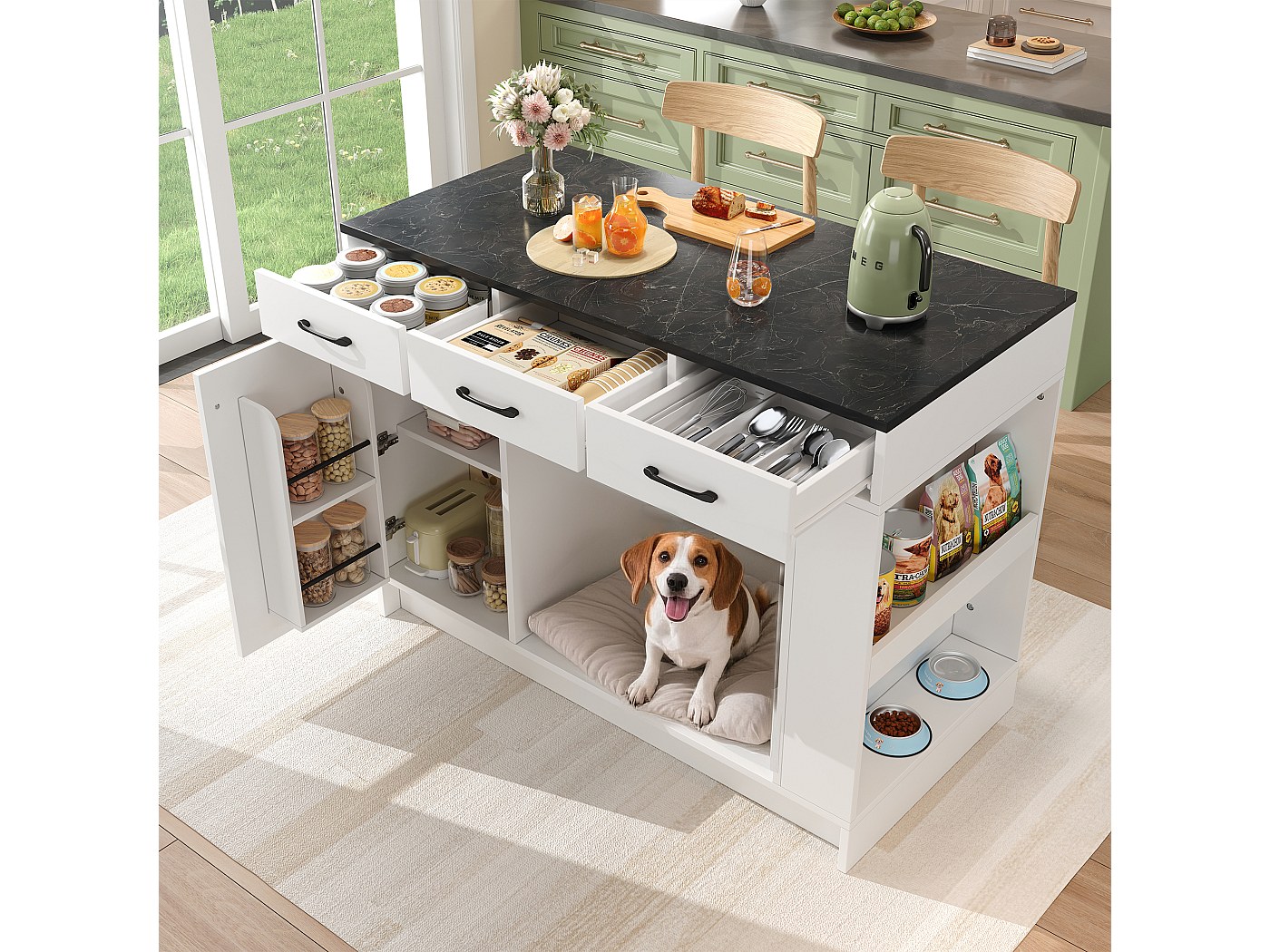 Îlot Central Cuisine 120x60x91 Cm Noir - Plan De Travail Marbre Style, 2 Tiroirs, Armoires, Étages Réglables, Prises USB/AC