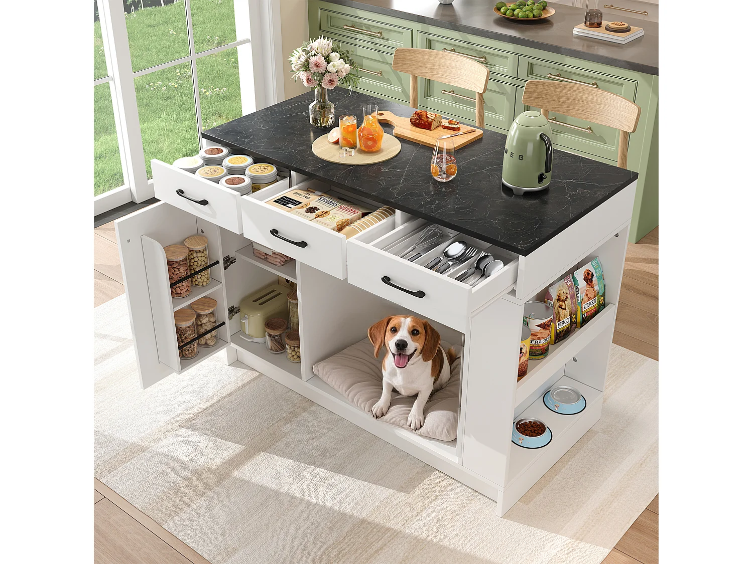 Îlot central cuisine - 120 x 60 x 90 cm - avec 3 tiroirs + 1 porte + espace pour animaux - MDF - blanc