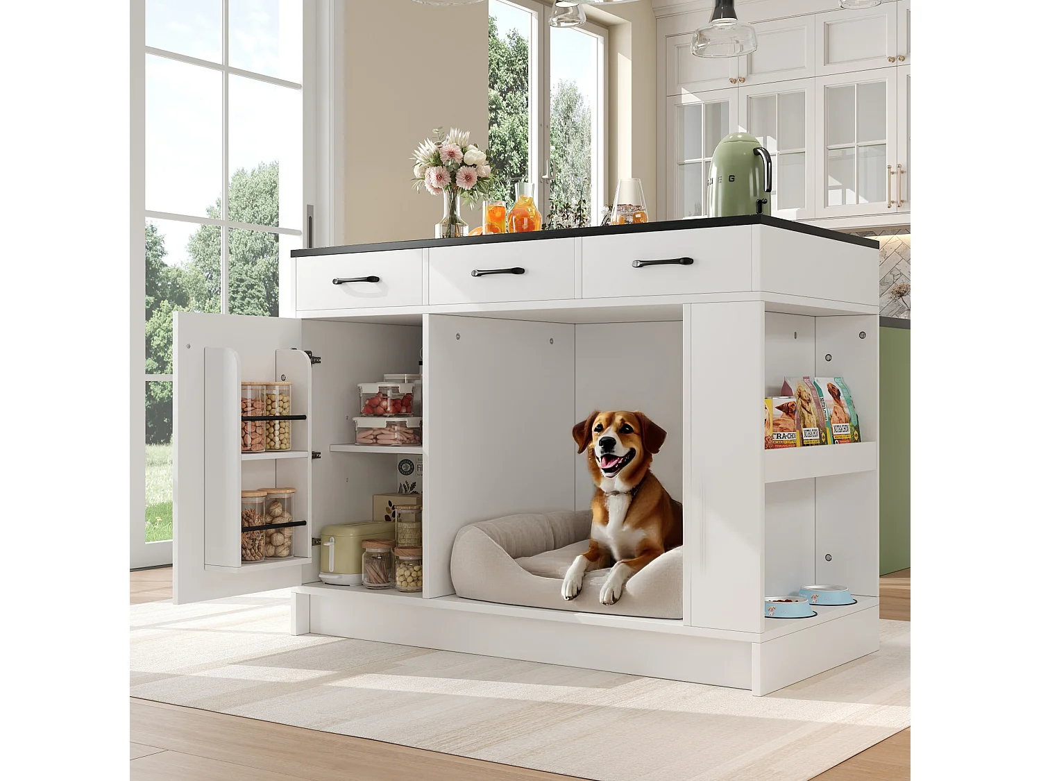 Îlot central cuisine - 120 x 60 x 90 cm - avec 3 tiroirs + 1 porte + espace pour animaux - MDF - blanc