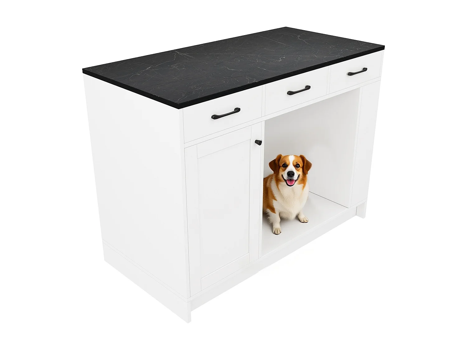 Îlot central cuisine - 120 x 60 x 90 cm - avec 3 tiroirs + 1 porte + espace pour animaux - MDF - blanc