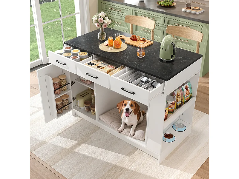 Îlot central cuisine - 120 x 60 x 90 cm - avec 3 tiroirs + 1 porte + espace pour animaux - MDF - blanc