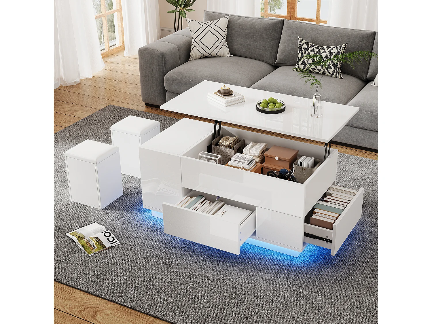 Mesa de centro elevatória 4 em 1 - 100 x 50 x 45 cm - com LEDs + 2 gavetas + 2 bancos - aglomerado - branco