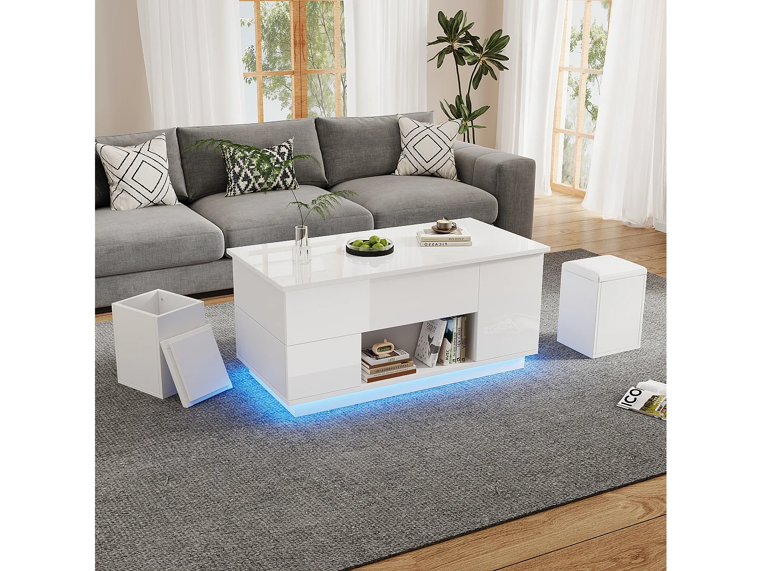 Mesa de centro elevatória 4 em 1 - 100 x 50 x 45 cm - com LEDs + 2 gavetas + 2 bancos - aglomerado - branco