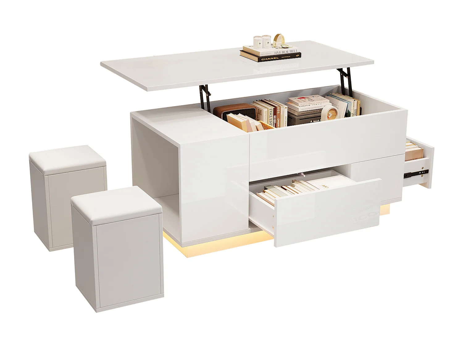 Mesa de centro elevatória 4 em 1 - 100 x 50 x 45 cm - com LEDs + 2 gavetas + 2 bancos - aglomerado - branco