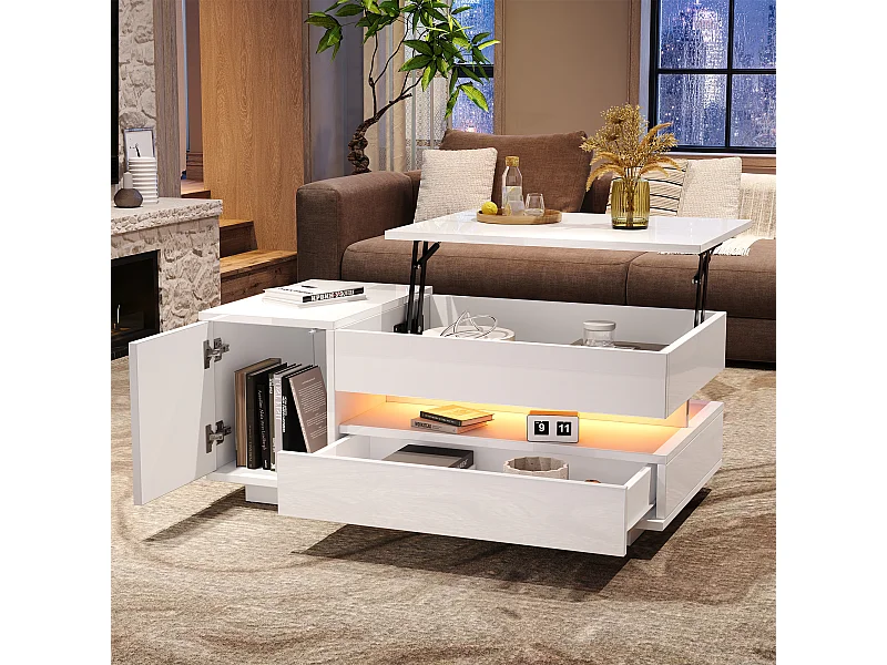Table Basse Relevable Et Extensible Avec Roues - 4 Tiroirs, 2 étagères, Réglable En Hauteur - Blanc Et Bois, 100x50x52 Cm