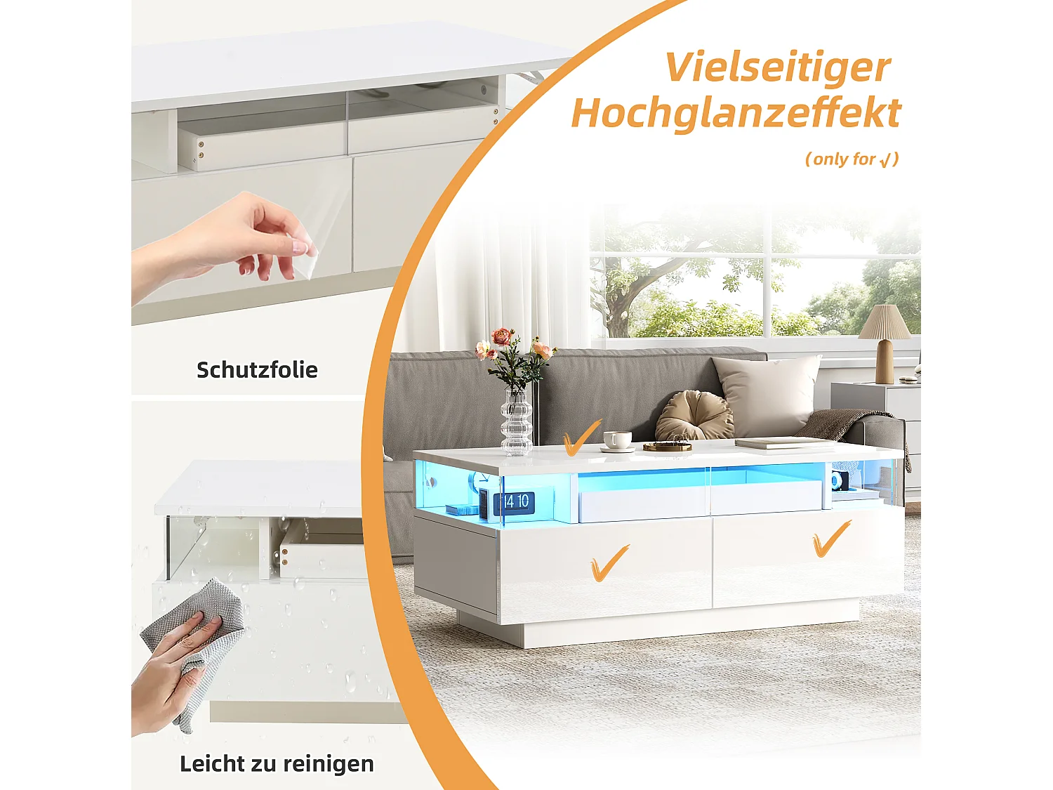 Glanzende salontafel - 90 x 45 x 35,5 cm - salontafel met 2 lades + LED's - spaanplaat - wit