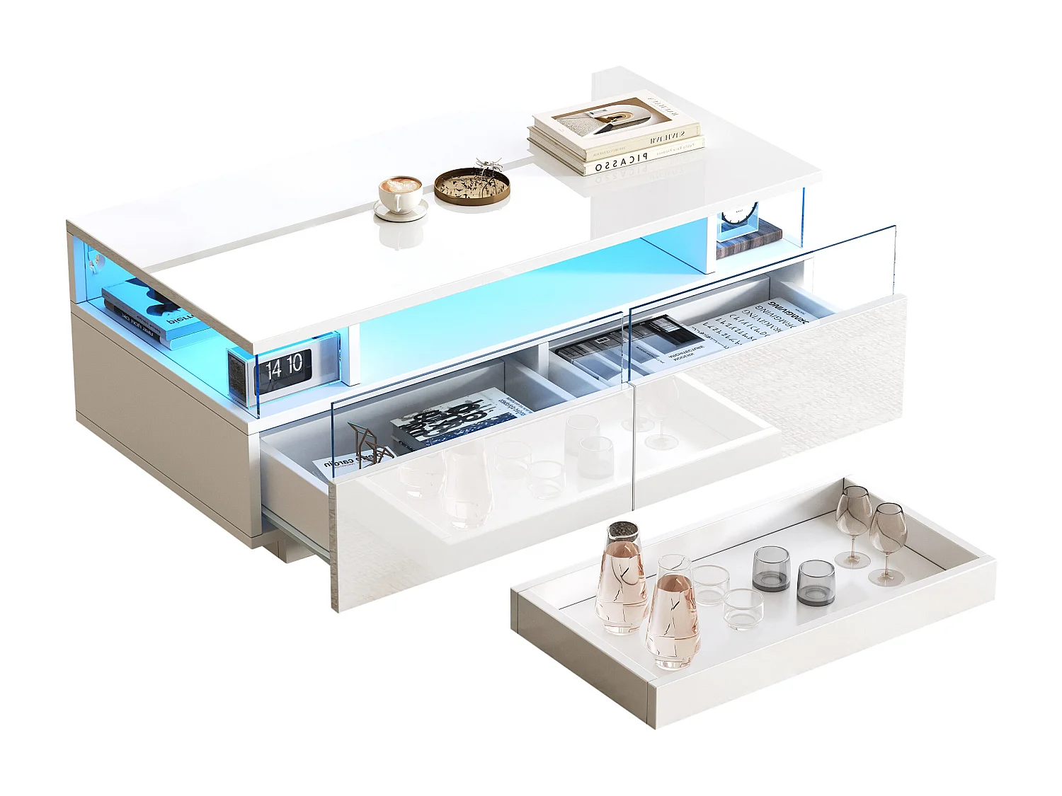 Glanzende salontafel - 90 x 45 x 35,5 cm - salontafel met 2 lades + LED's - spaanplaat - wit