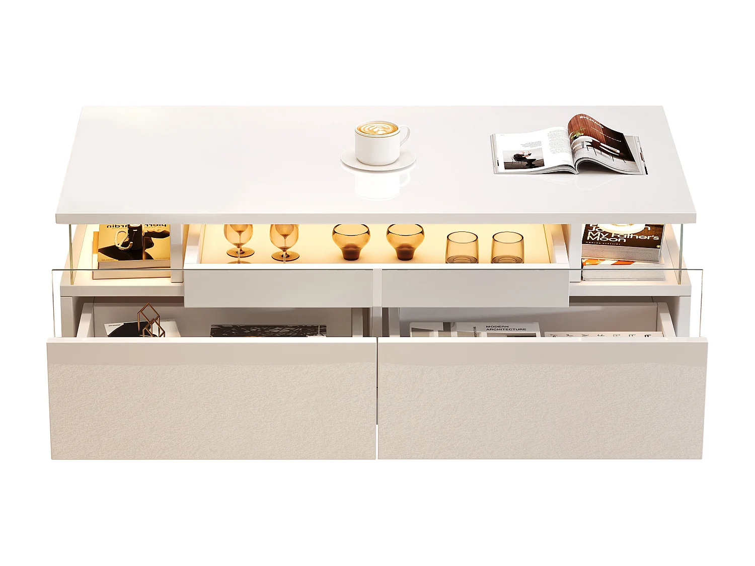 Glanzende salontafel - 90 x 45 x 35,5 cm - salontafel met 2 lades + LED's - spaanplaat - wit