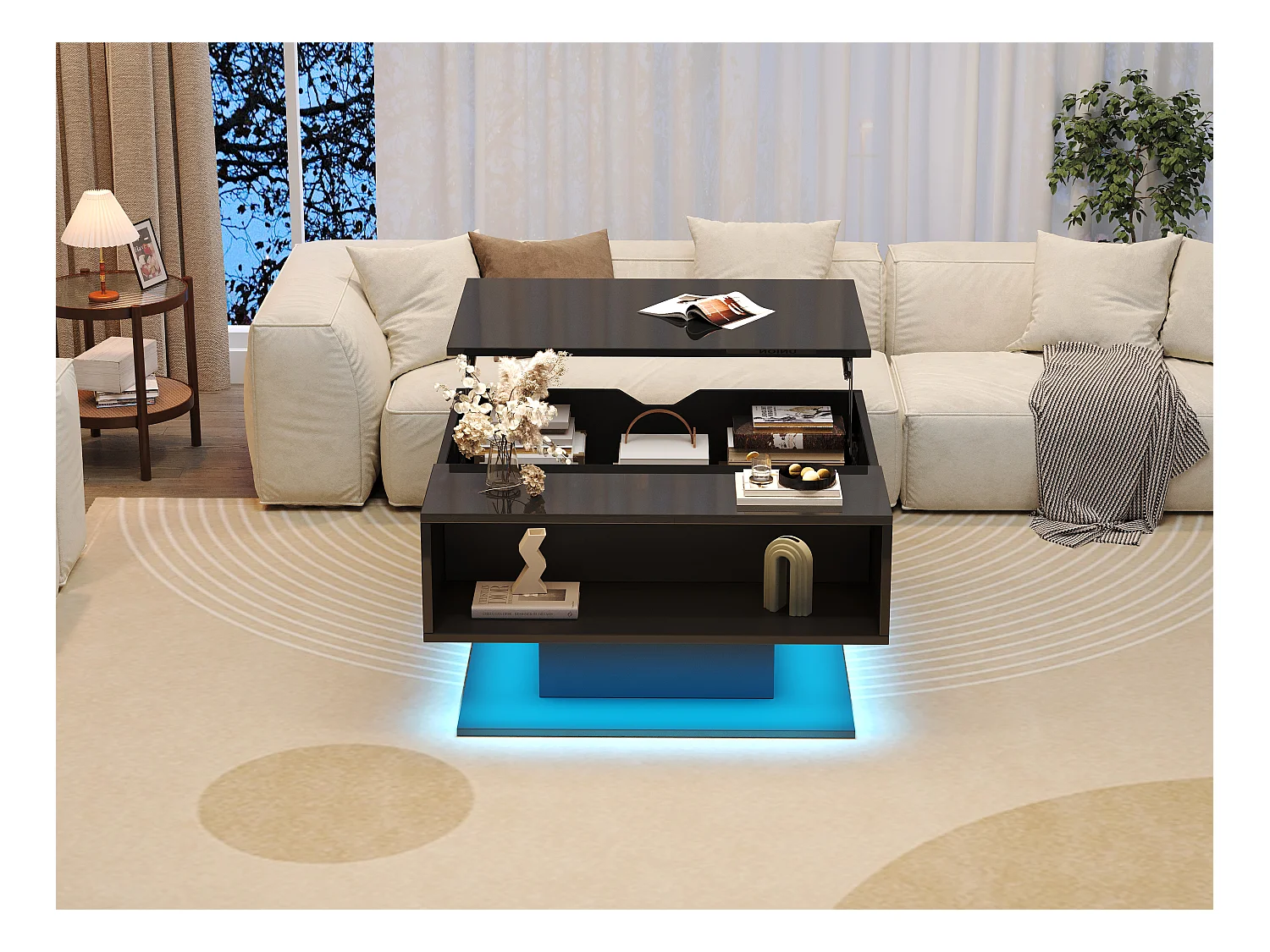 Table basse relevable - 80 x 77 x 40 cm - élévateur hydraulique - avec rangement + Leds - aggloméré - noir