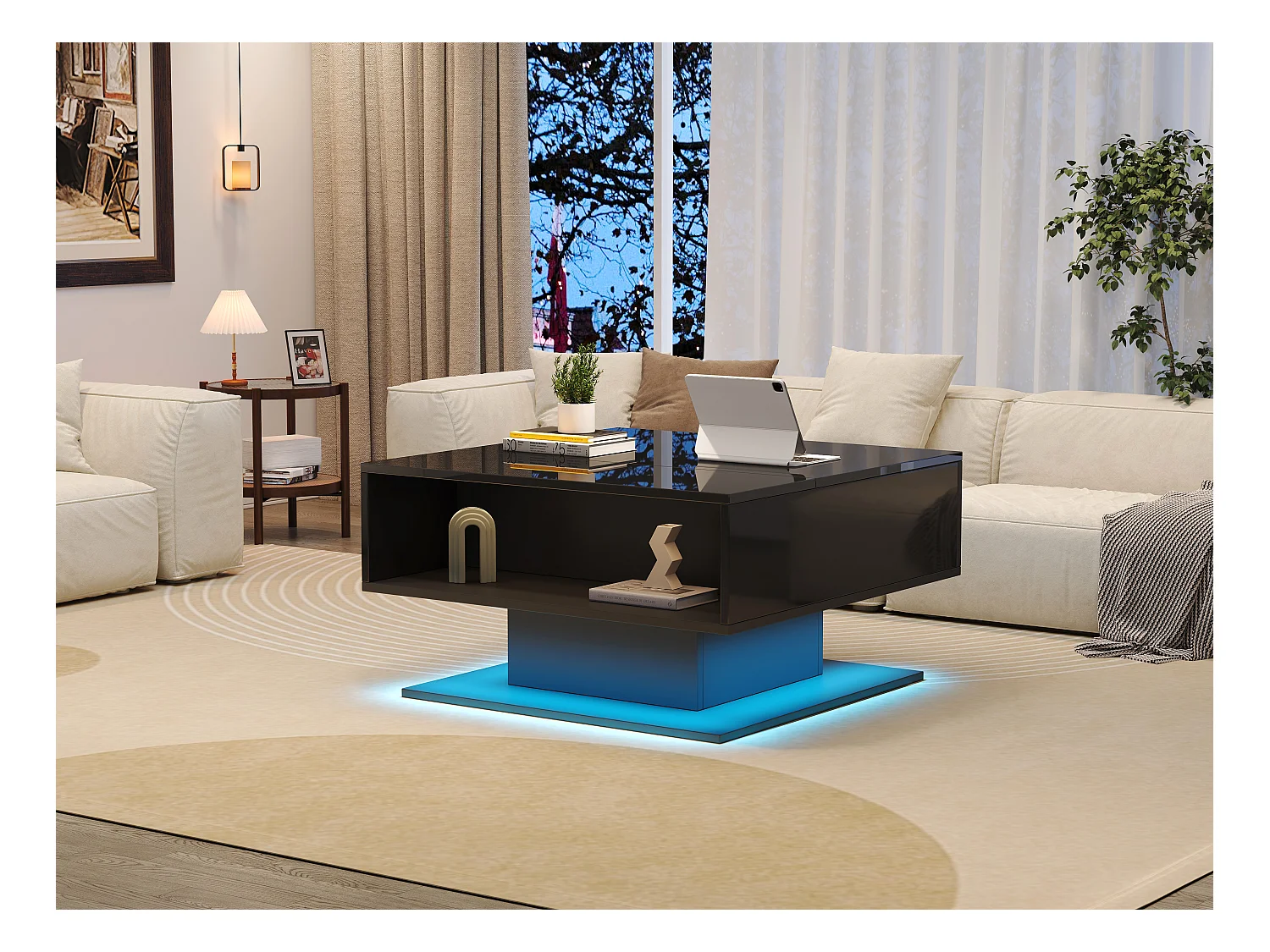 Table basse relevable - 80 x 77 x 40 cm - élévateur hydraulique - avec rangement + Leds - aggloméré - noir
