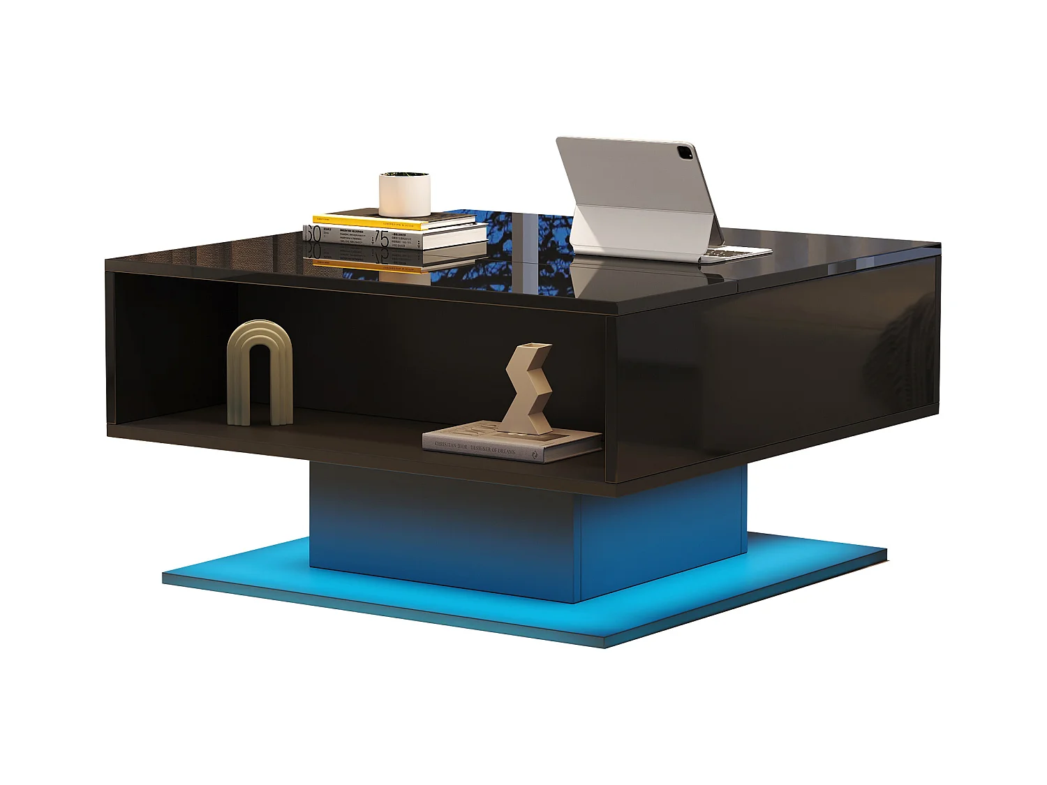 Table basse relevable - 80 x 77 x 40 cm - élévateur hydraulique - avec rangement + Leds - aggloméré - noir