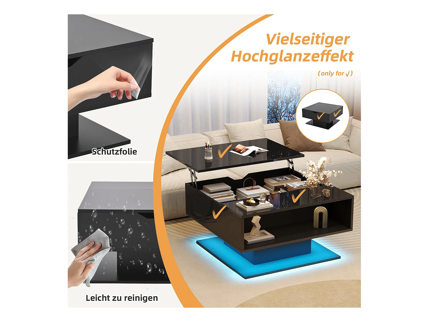 Table basse relevable - 80 x 77 x 40 cm - élévateur hydraulique - avec rangement + Leds - aggloméré - noir