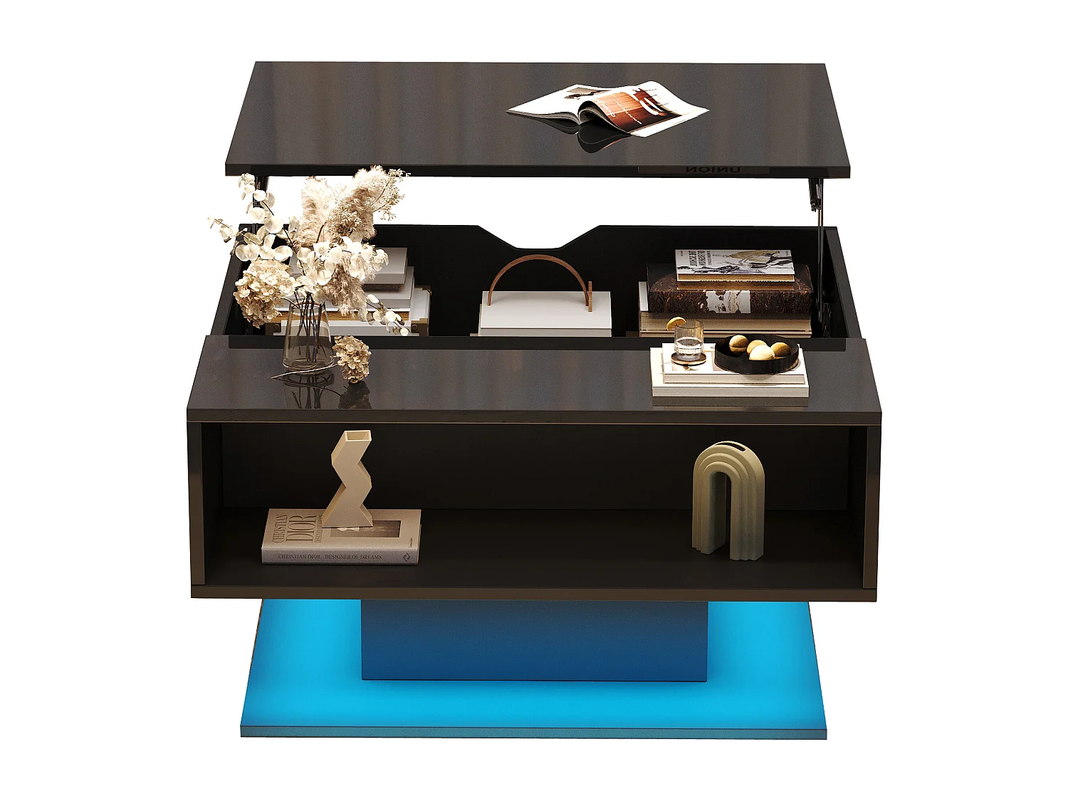 Table basse relevable - 80 x 77 x 40 cm - élévateur hydraulique - avec rangement + Leds - aggloméré - noir