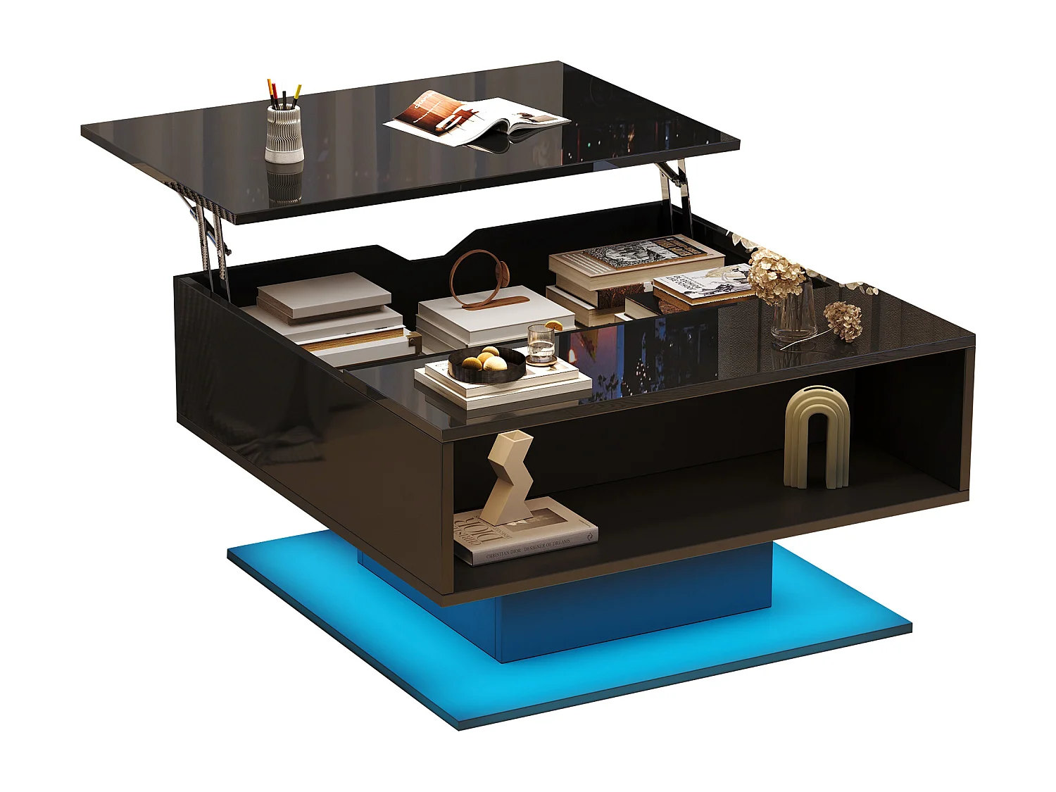 Table basse relevable - 80 x 77 x 40 cm - élévateur hydraulique - avec rangement + Leds - aggloméré - noir