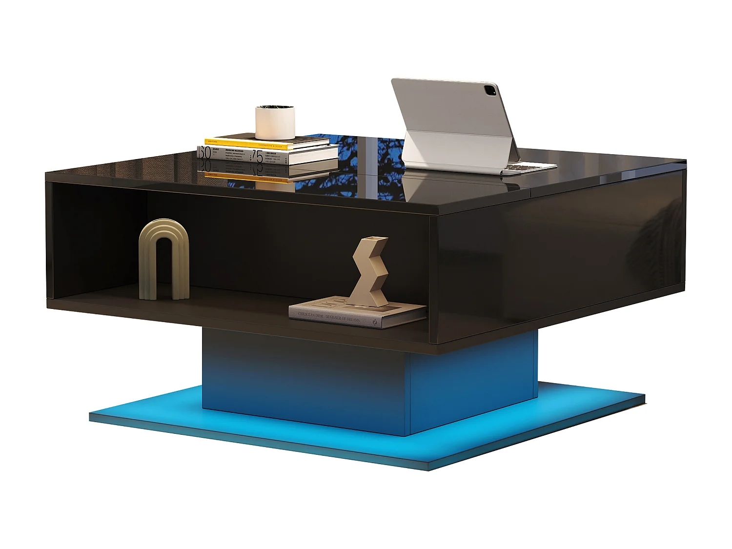 Table basse relevable - 80 x 77 x 40 cm - élévateur hydraulique - avec rangement + Leds - aggloméré - noir