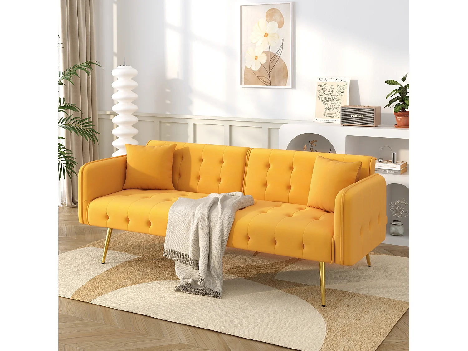 2-Sitzer-Schlafsofa – 178 x 82 x 70 cm – mit verstellbarer Rückenlehne und Armlehnen – Samt – Gelb