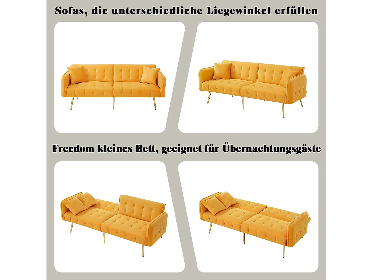 2-Sitzer-Schlafsofa – 178 x 82 x 70 cm – mit verstellbarer Rückenlehne und Armlehnen – Samt – Gelb