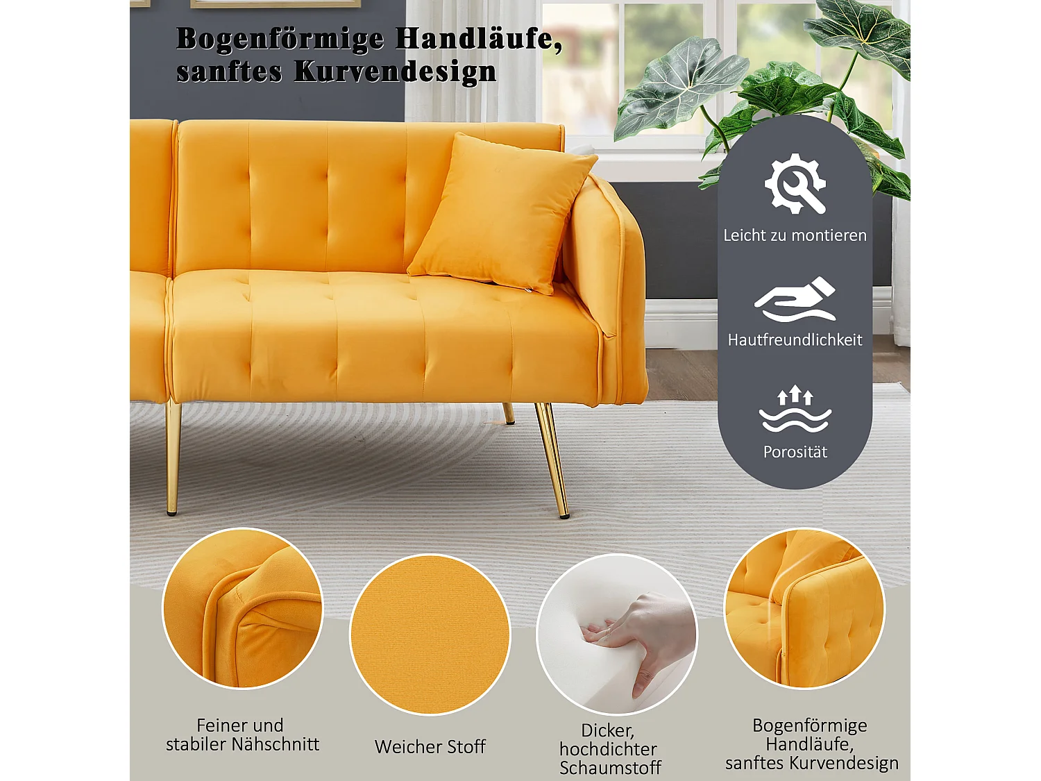 2-Sitzer-Schlafsofa – 178 x 82 x 70 cm – mit verstellbarer Rückenlehne und Armlehnen – Samt – Gelb