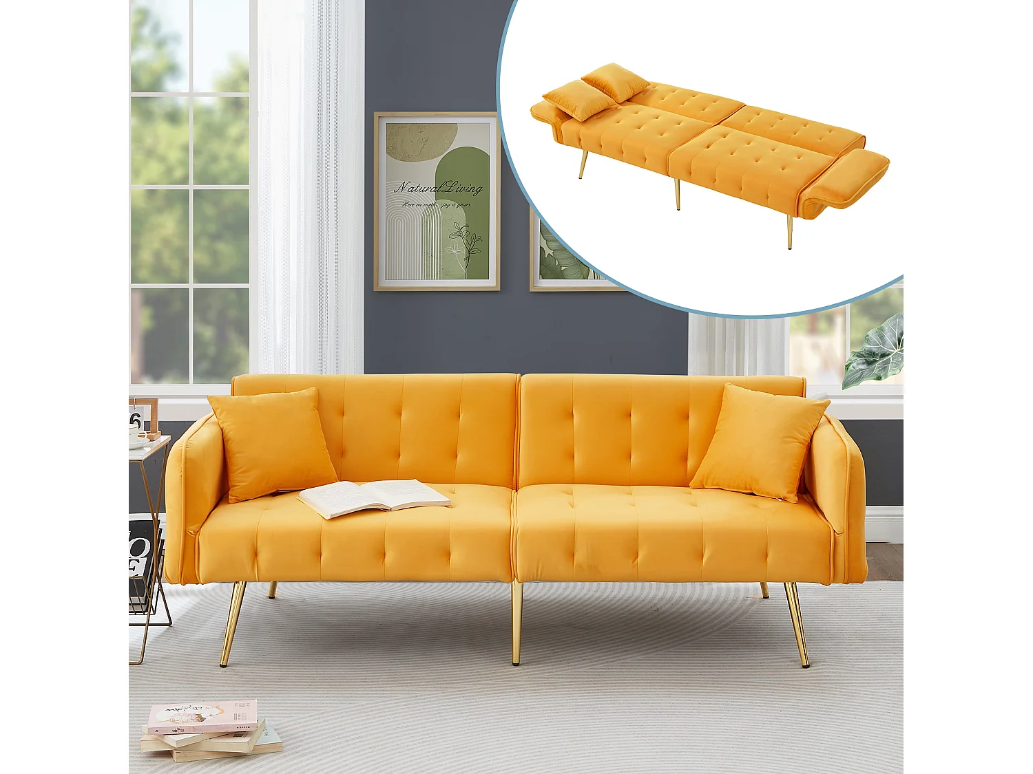 Canapé convertible 2 places - 178 x 82 x 70 cm - avec dossier réglable et accoudoirs - velours - Jaune