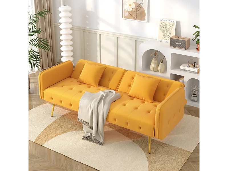 2-Sitzer-Schlafsofa – 178 x 82 x 70 cm – mit verstellbarer Rückenlehne und Armlehnen – Samt – Gelb